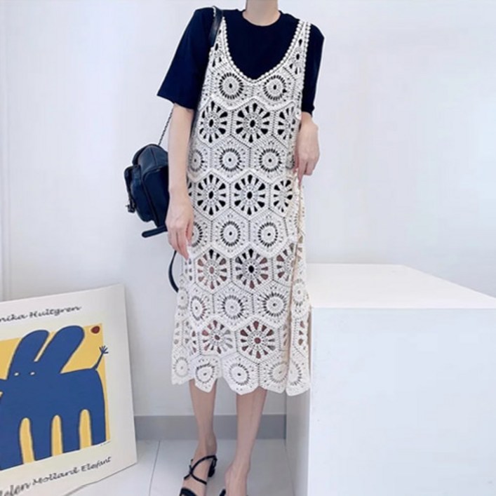 바이미니 슬리브리스 니트 뜨개 레이어드 뷔스티에 원피스