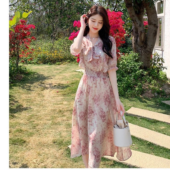 미중 여성 뉴 반팔 원피스 플라워 허리 조임 고급 부드러운 날씬 셔링 브이넥 프릴yy
