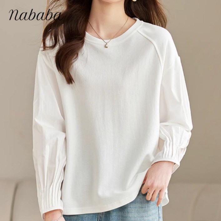나바바 NT3200 여성 데일리 무지 셔링 소매 라운드넥 긴팔 티셔츠