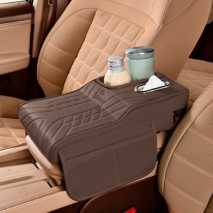 피라모니 차량용 콘솔박스 수납함 컵홀더 거치대, 브라운, 1개