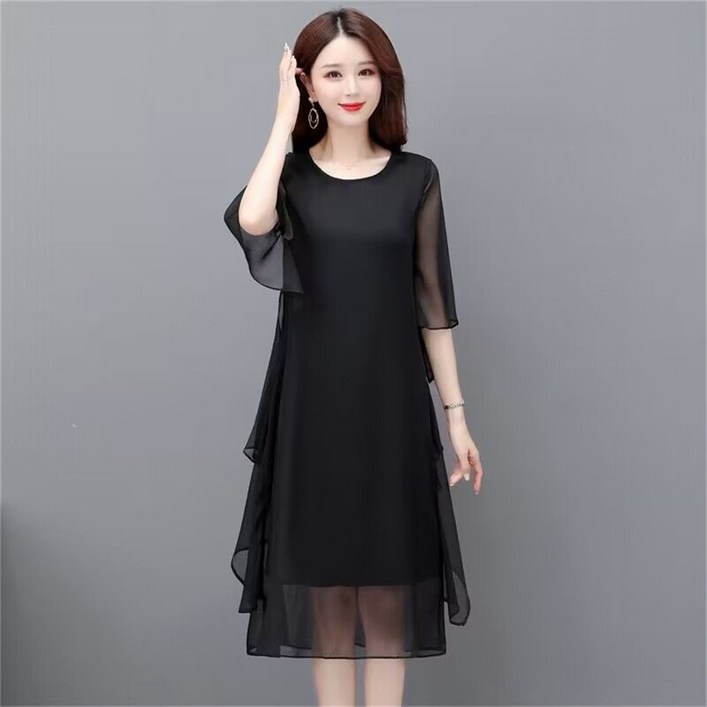 besteffie 봄 여름 중년여성 패션코디 쉬폰 원피스 심플 라운드넥 층층 디자인 고급 시원한 칠부소매 드레스 K18