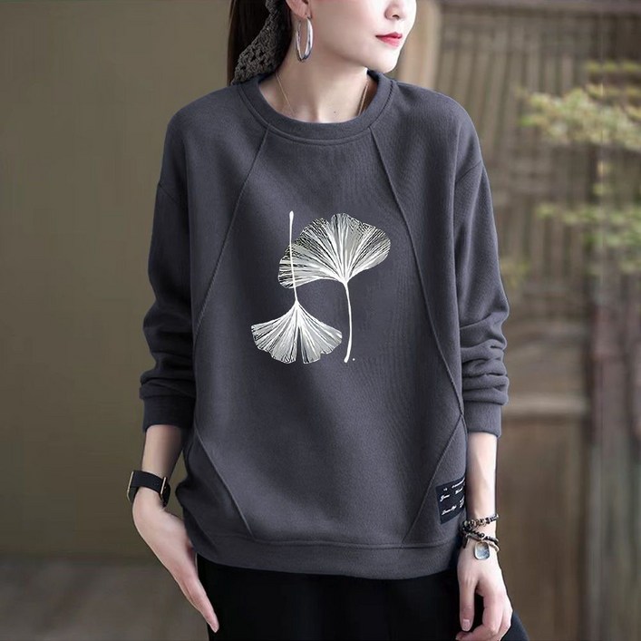 Makone 여성 순면 맨투맨 프린트 라운드넥 루즈핏 빅사이즈 캐주얼 긴팔 티셔츠