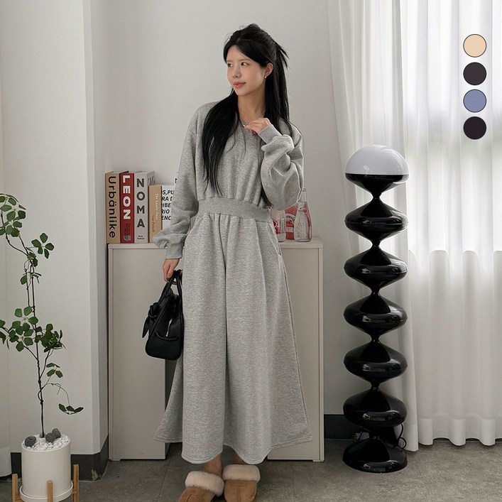 디테일웨어 여성 기모 뮤즈 롱원피스 허리 통밴딩 오버핏 플레어 스커트 포켓 편한원피스 강아지 산책 임산부 원피스