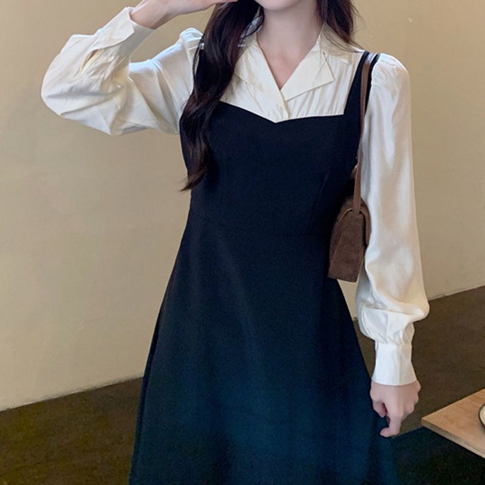 하객룩 여신 카라 셔츠 뷔스티에 롱원피스