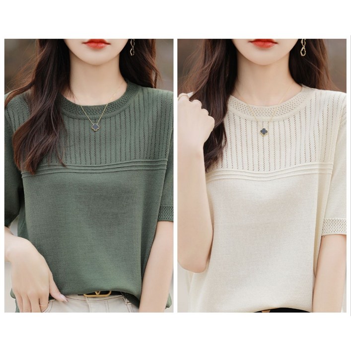 레노이 11 여성 아이스 실크 반팔 라운드 넥 얇은 여름 티셔츠 니트