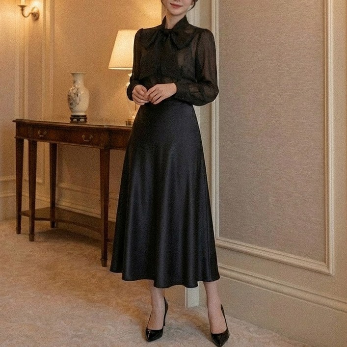 글램디브 네벨린 실키 맥시 페미닌 플레어 라인롱스커트 AA1278