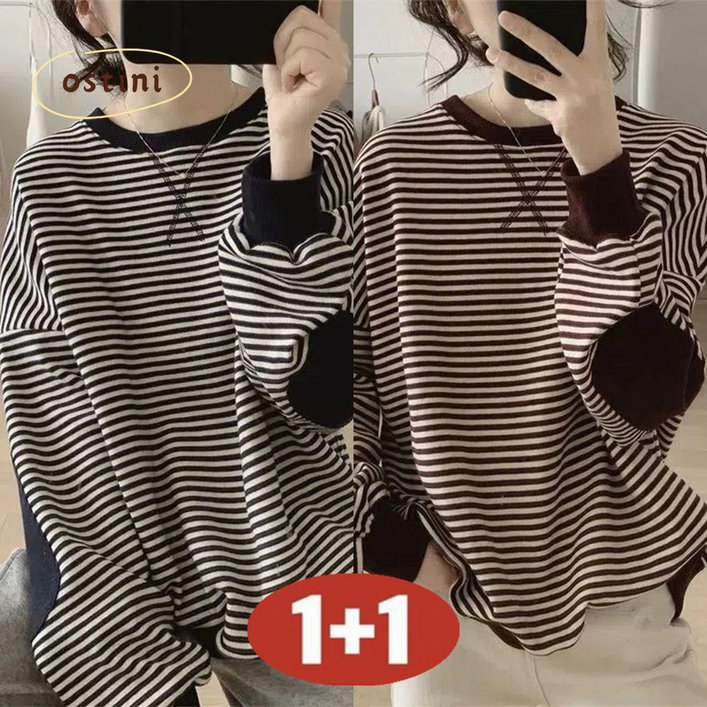 오스틱니 150kg까지 11 날씬해보이는 여성 라운드 스트라이프 클래식 배색 맨투맨 긴팔 티 가을 겨울 빅사이즈 멋지군 BF 루즈핏 간절기 이너 큰옷 캐주얼 여자 티셔츠