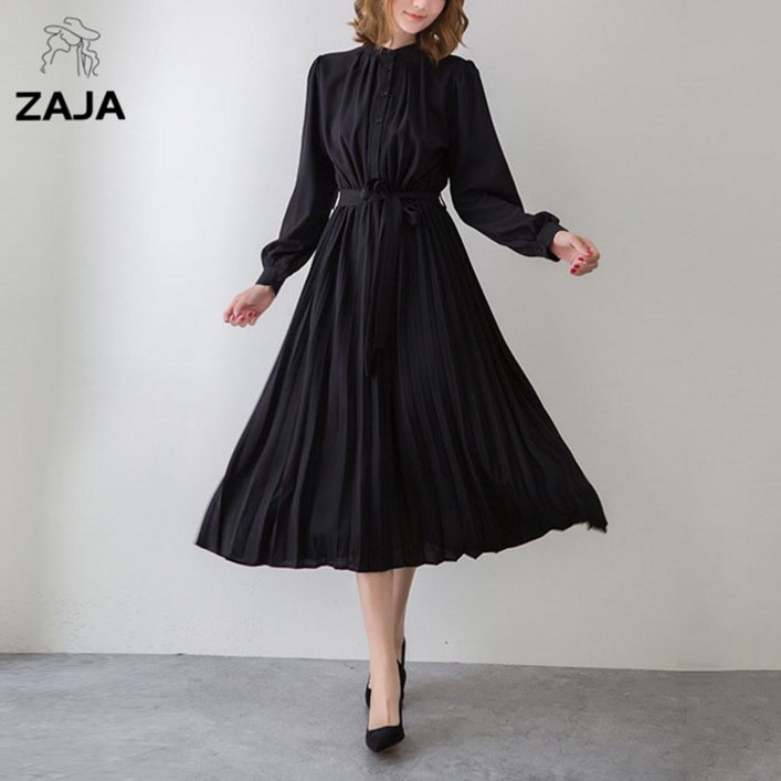 ZAJA 여성 긴팔 플리츠 원피스 스트랩 셔링 오피스룩 롱원피스