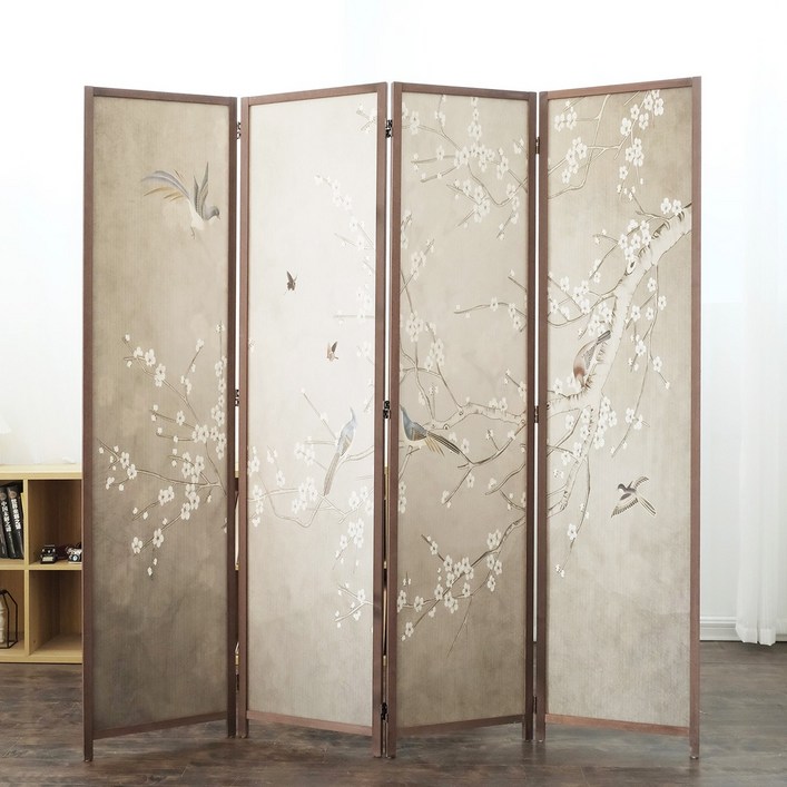 양면 이중패턴 블랙아웃 방분리 가림막 접이식 파티션 170cm 높이, 4단 매화 패널
