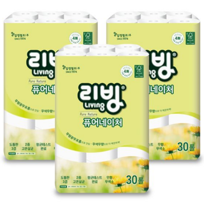 리빙 퓨어 네이처 3겹화장지 30롤 3팩 도톰한엠보싱