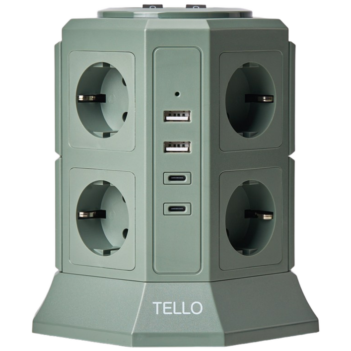 텔로 과부하차단 USB 타워 컬러 멀티탭 12구 KC인증 접지 안전 고급 멀티탭 선정리 가능한 인테리어 예쁜 귀여운 디자인 C타입 콘센트, 2m, 딥카키, 1개