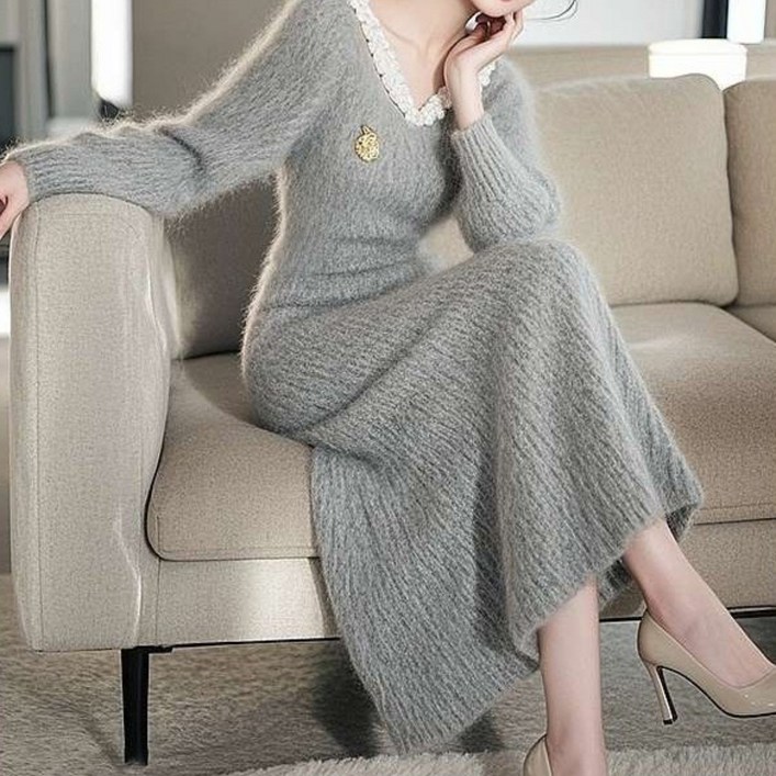 미중 여성 추동 뉴 예쁜 두꺼운 바탕 니트 롱 배색 브이넥 부드러운 원피스 cy