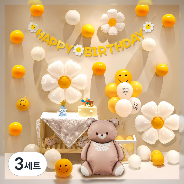 원그리드 생일 파티 풍선 세트, 3세트, 옐로 플라워베어