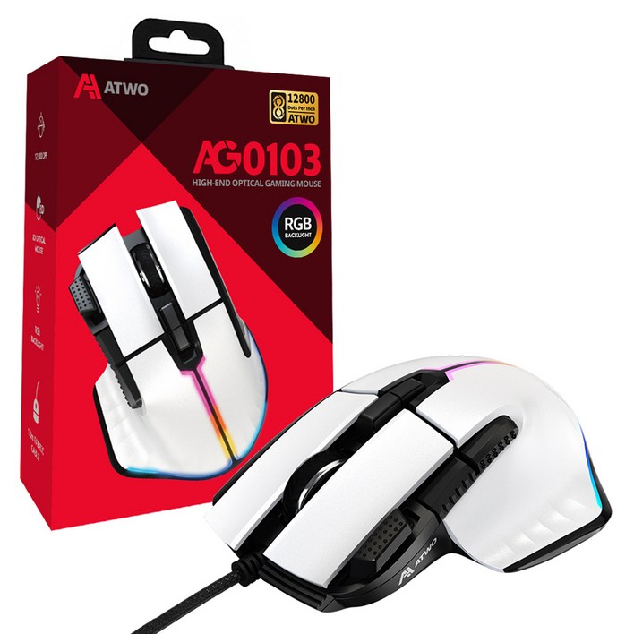 에이투 고감도 LED 유선 USB 게이밍 마우스 AG0103, AG0103, 화이트 에이투 고감도 LED 유선 USB 게이밍 마우스 AG0103, AG0103, 화이트