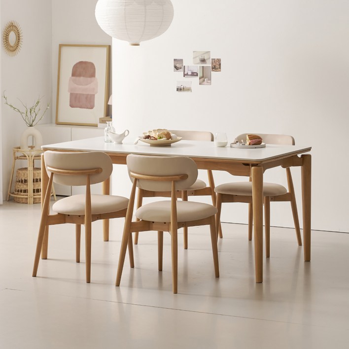 폴인퍼니 시에나 포세린 세라믹 식탁 1400  의자 4p 세트 4인용 방문설치, 내추럴프레임, 화이트상판, 아이보리의자, 일반의자 4