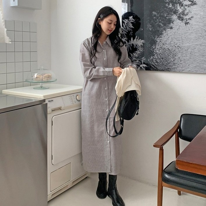 린다샵 루니크 스트라이프 코튼 롱 셔츠 원피스 cpnb3165k51