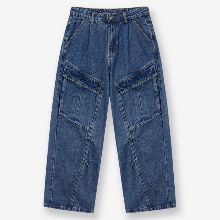 제이에이치스타일 남성용 프론트 빅카고 와이드 워싱 데님 팬츠 INROK633