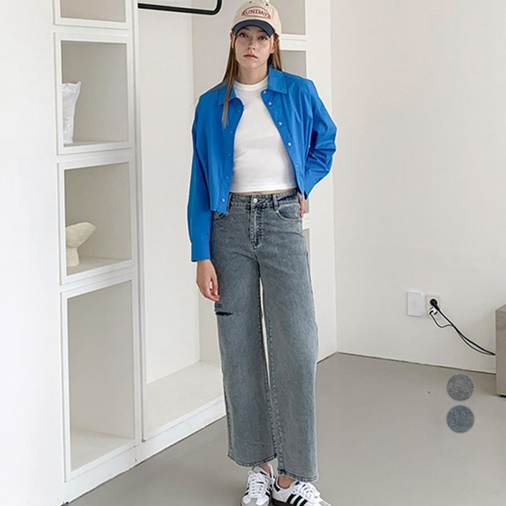 반에이크 여성용 슬림통 데미지 데님