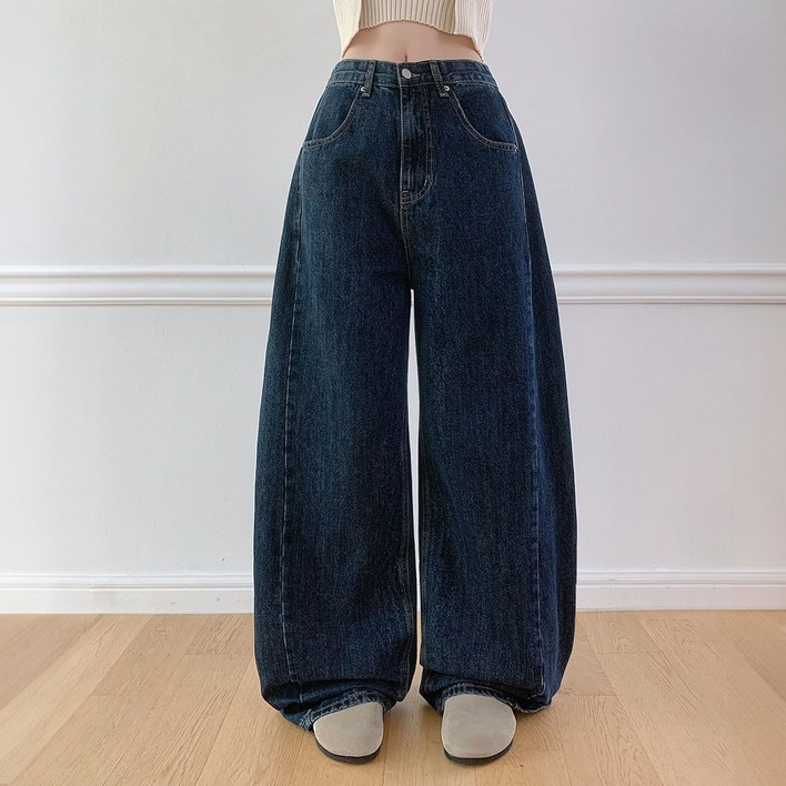플랜데이 여성용 숏/미디움/롱 기장 에즈 절개 워싱 와이드 데님 팬츠