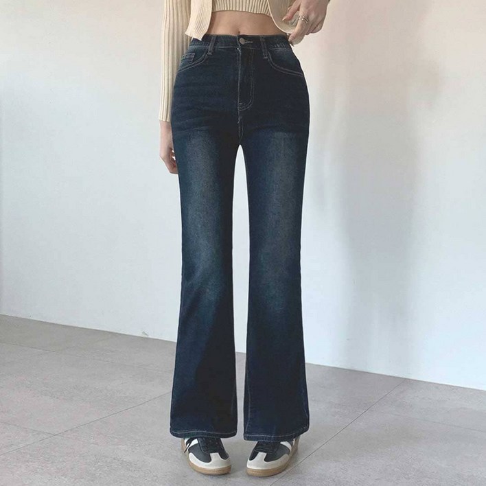 플랜데이 여성용 숏롱 기장 치키 속밴딩 워싱 세미부츠컷 데님팬츠