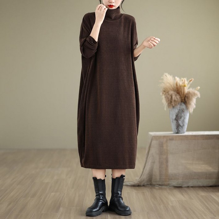 ORZQU 봄가을 여성 오버핏 빅사이즈 하이넥 솔리드 긴팔 코쿤 라인 원피스