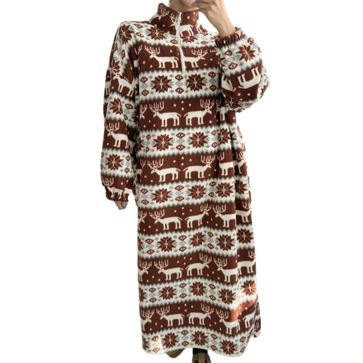 플랜메이 노르딕 꽃사슴 후리스 오버핏 롱원피스 캠핑 홈웨어 파자마 아노락 집업 국내생산