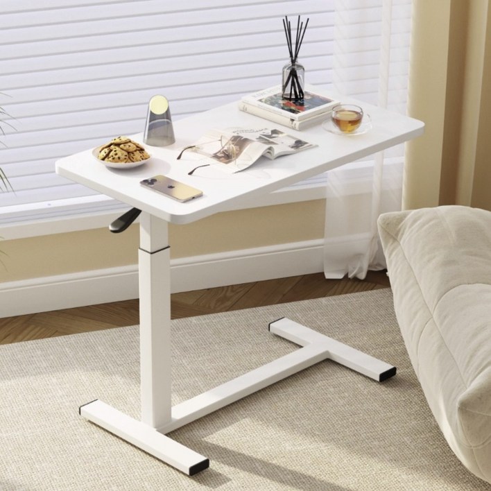[SMTONE] 고품질 유압식 높이조절 이동식 사이드 테이블 높이조절 소파 침대 테이블 높이조절 독서대 챔대책상 사이드데스크 소파책상, 화이트- 40*80cm