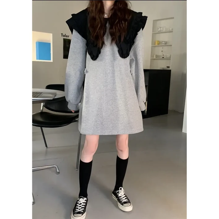 유니크유니스 프릴 나비 카라 루즈핏 미니 원피스