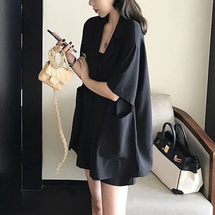 POMTOR 여성 여름 캐주얼 루즈핏 솔리드 정장슈트 나시 반바지 스리피스 세트