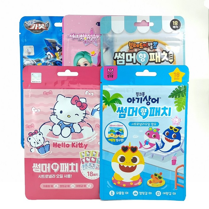 2023년 브라운 썸머향패치 모기퇴치 기피제 핑크퐁 브레드이발소 헬로키티 시크릿쥬쥬 헬로카봇 18패치  1개