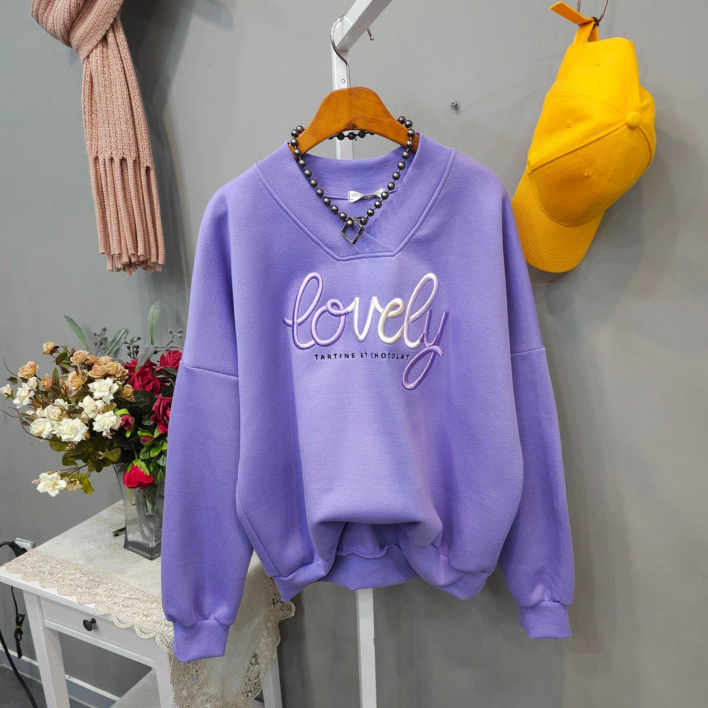 브이넥 실크자수 오버핏 기모맨투맨