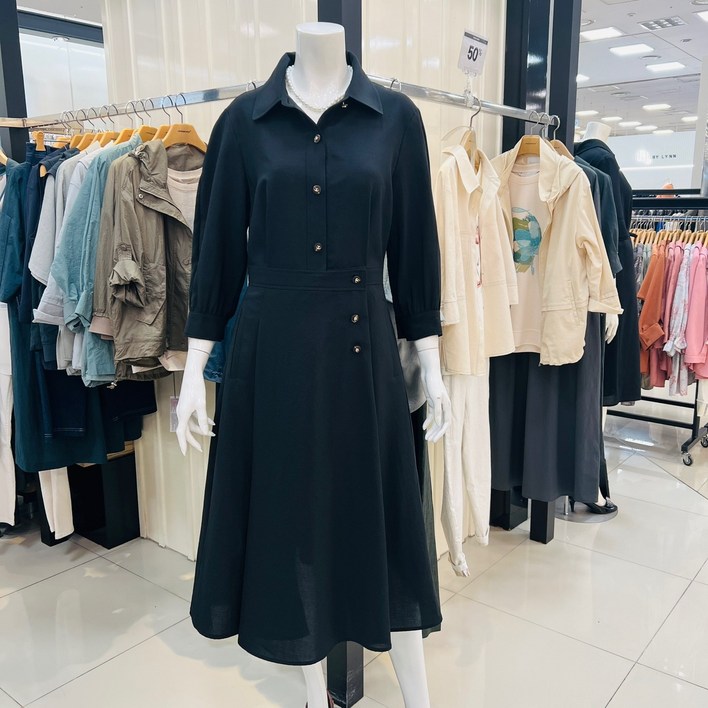 요하넥스  셔츠카라 칠부소매 개더 원피스블랙