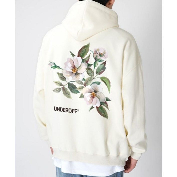 UNDEROFF 더블코튼 피치스킨 오버핏 후드 백 플라워 아이보리 UD31-IVORY