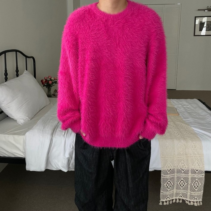 르위 앙고라 오버핏 니트 파스텔 라운드 긴팔 겨울 모헤어 빅사이즈