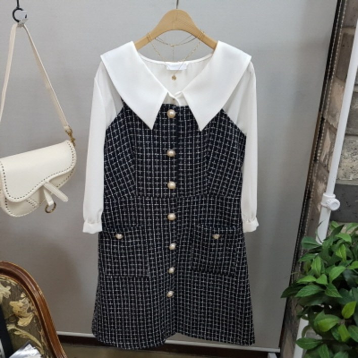 상상그이상 여성용 트위드 조끼 슬리브리스 뷔스티에 스퀘어넥 원피스 하객룩 상견례룩