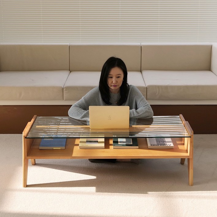 오울루 2단 원목 좌식 거실 유리 소파 테이블 라이트 브라운1200