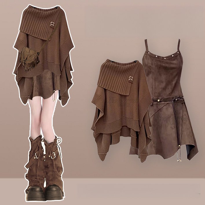 해피유통 여성용 니트 숄과 스웨이드 언밸런스 드레스 보헤미안 세트    BJJ001