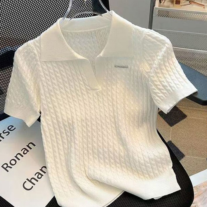 솔리드 노칼라 냉장고 니트 반팔 여 여름 아트 디테일 캐주얼 시크 슬림 숏 스퀘어 숄더 상의