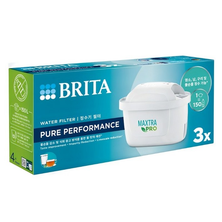브리타 정수기 한국형 막스트라 프로 퓨어 퍼포먼스 여과 필터기4입, 1세트, MAXTRA PRO FILTER - PURE PERFORMANCE