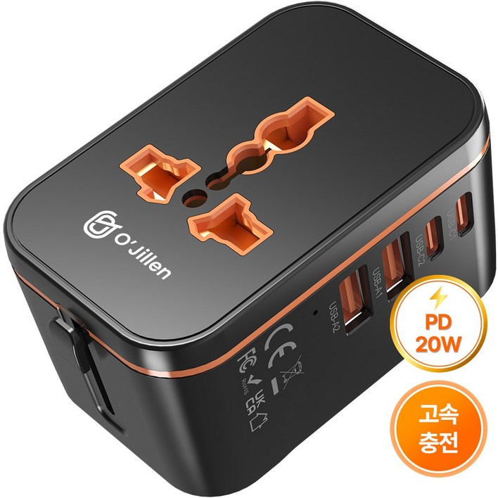 오지렌 미니 고성능 GaN 고속 충전 해외 여행용 멀티 플러그 어댑터, 1개, 블랙OJHHT20520W 오지렌 미니 고성능 GaN 고속 충전 해외 여행용 멀티 플러그 어댑터, 1개, 블랙OJHHT20520W