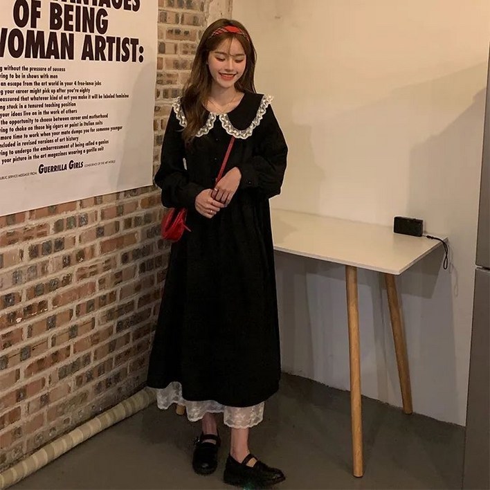 Skyciky 레이스 배색 리본 넥카라 아카데미 스타일 롱 원피스 가을 여성 원피스 귀여운 원피스 GG2601