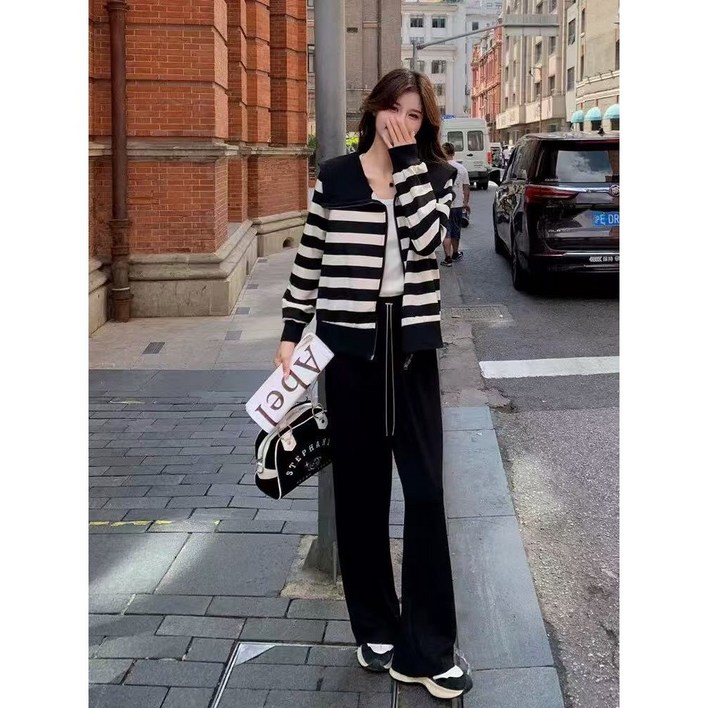 빅 사이즈스트라이프 재킷 넓은 다리 바지 투피스 기질 연령캐주얼 패션 세트