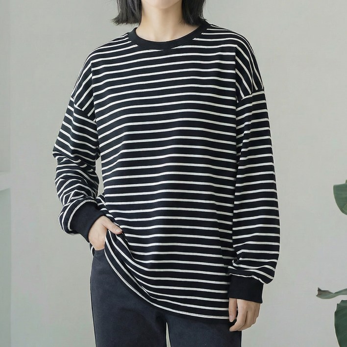 HANYO 여성용 기본 중년 루즈핏 단가라 스트라이프 라운드넥 긴팔 티셔츠 맨투맨