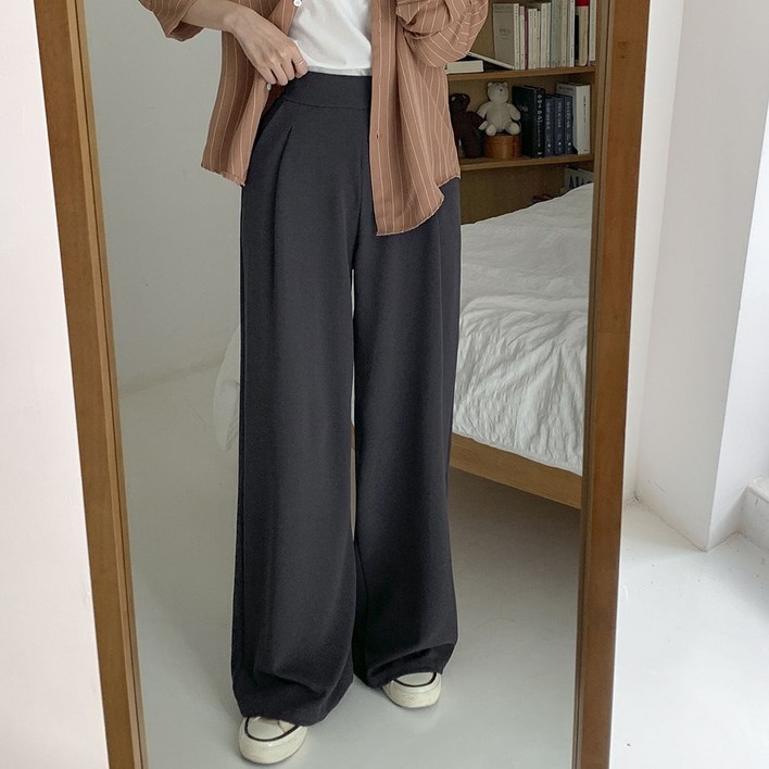 큐니티 여성용 데일리 숏롱 2단기장 스판 핀턱 통밴딩 일자 와이드 슬랙스 팬츠 키작녀 키큰녀 빅사이즈 바지