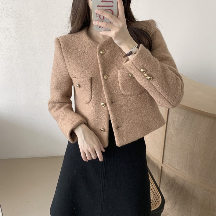 여성 봄가을 트위드자켓 노카라 숏 하객룩 크롭자켓