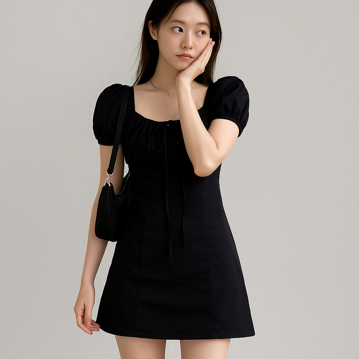 리파인미 여리핏 퍼프소매 셔링 린넨 스퀘어넥 미니원피스