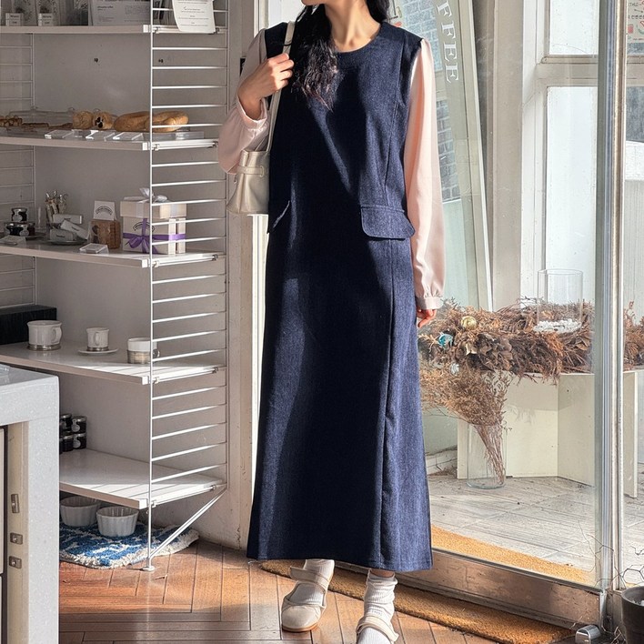 로로텐 배색 긴팔 롱 원피스 라운드넥 A라인 여성 빅사이즈