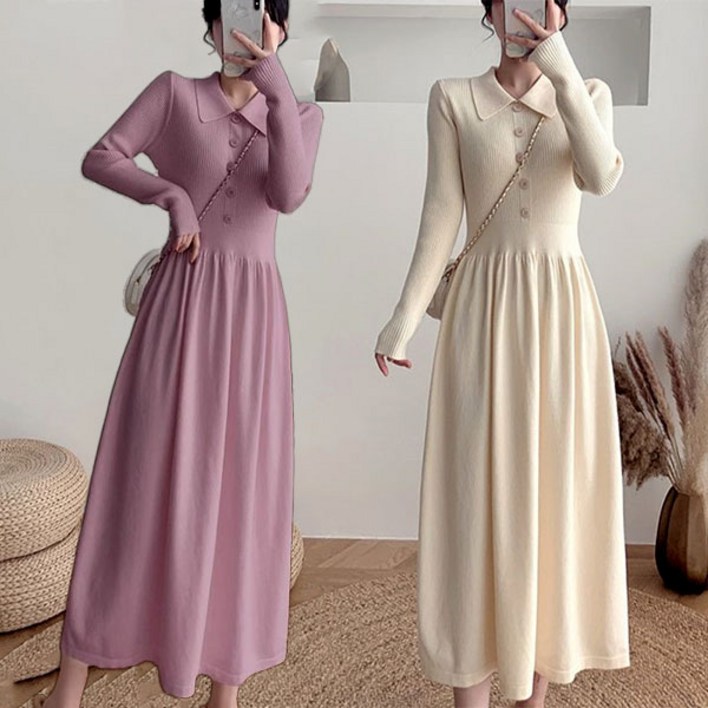 AOUGK 여자 카라 니트 원피스 캐주얼 롱원피스 가을 겨울 원피스 슬림핏 롱니트 데일리