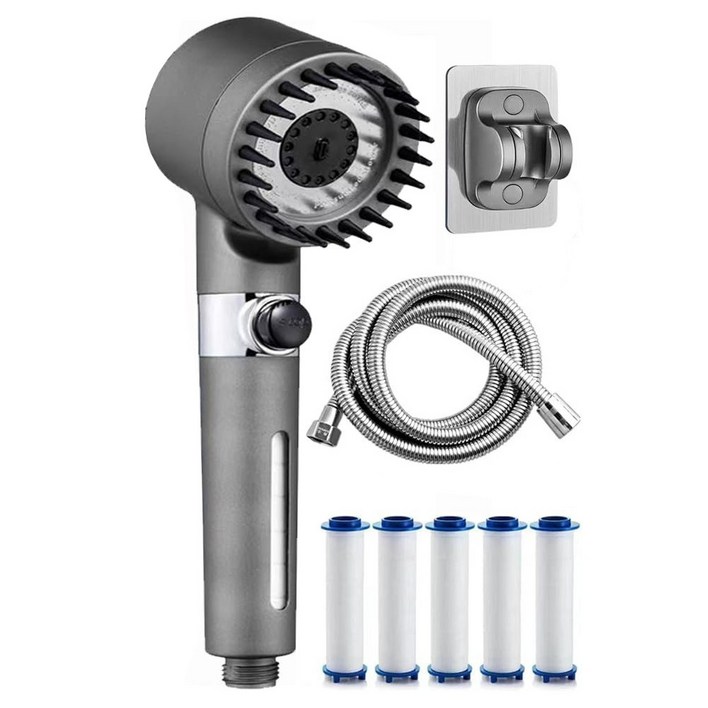 샤워기 헤드 고압 수압상승 필터 샤워기+필터5p+호스 1.5m+거치대 세트 3단수압조절