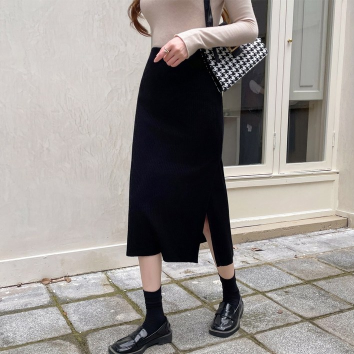 화지나무 H라인 옆트임 골지 니트 미디 롱 스커트